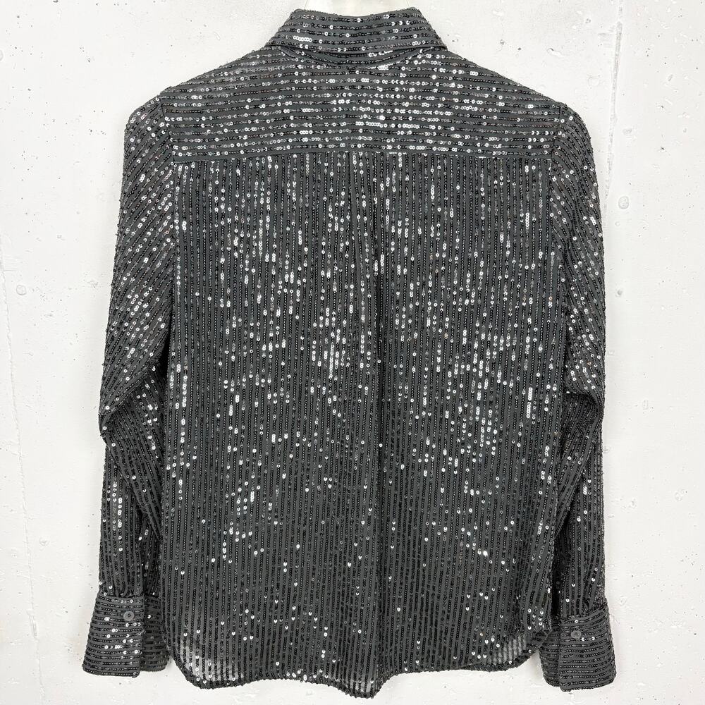 Anthropologie Sequin Button Down Shirt Collared Long Sleeve Slate Grey Small - Picture 3 of 12